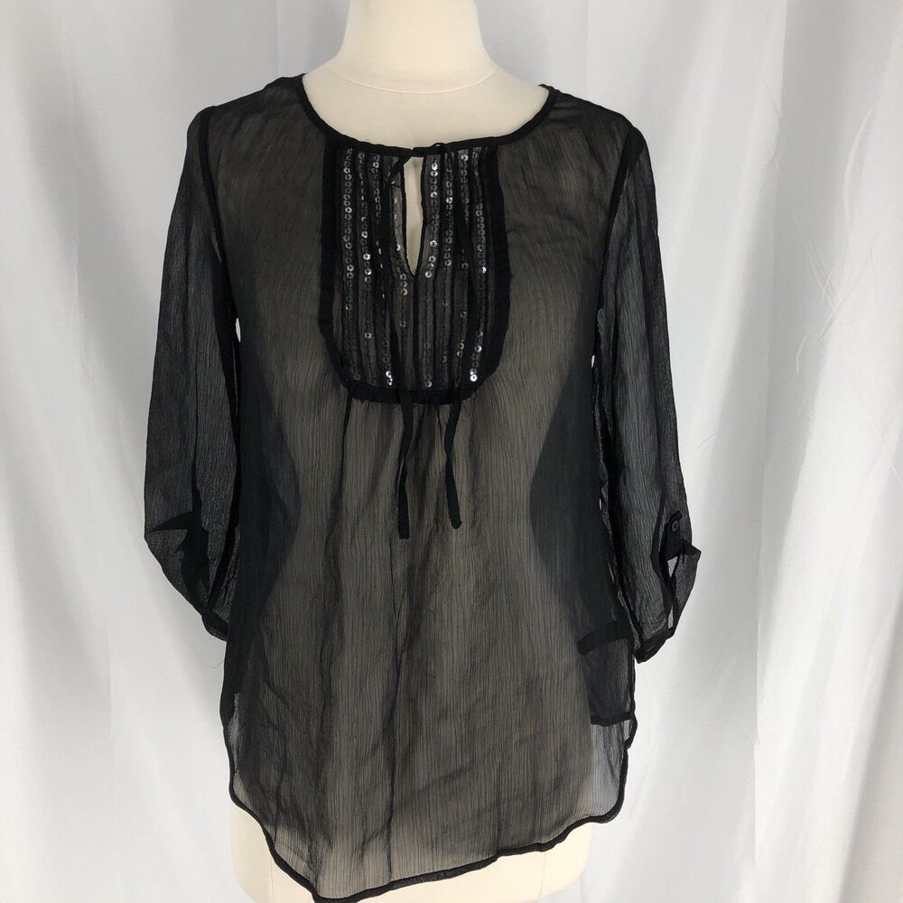 Express Sheer Overlay Blouse Black Sequin And Tie XS
